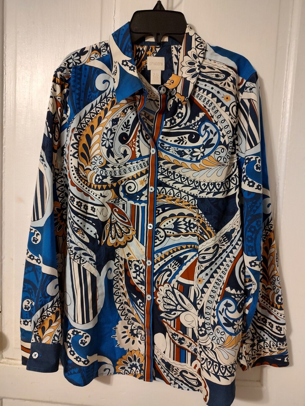Chico's Navy and Mustard Printed Button-Down Shirt